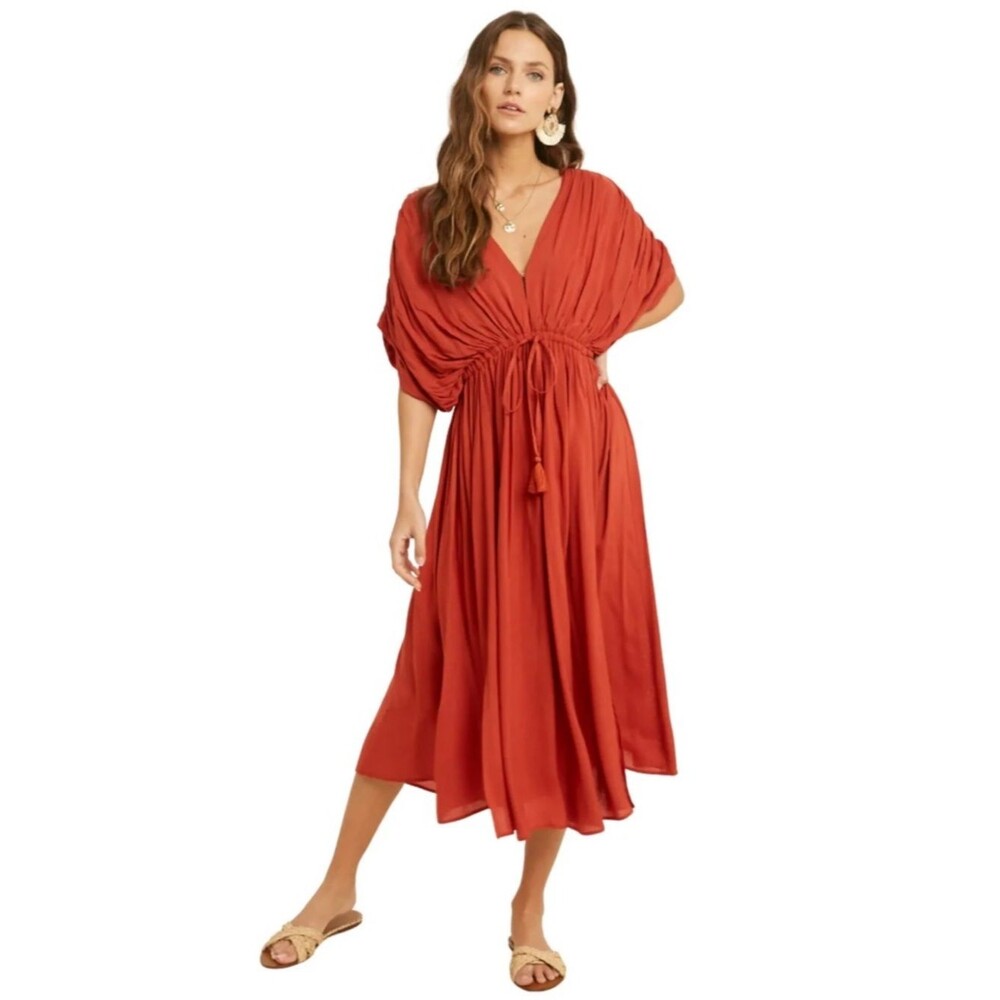 WISHLIST Dolman Sleeve Tie Waist Midi Dress Boho Red M